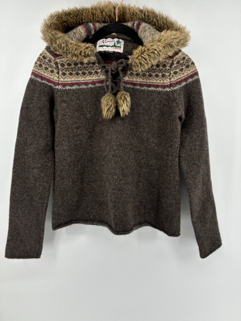 Roots 100% Wool Brown Hooded Sweater with Faux-Fur Nordic Trim